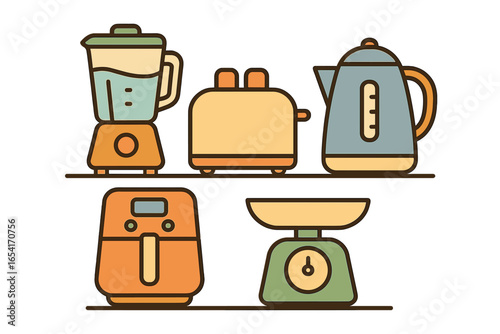 Flat design kitchen appliances: blender, toaster, kettle, air fryer, weighing scale, organized neatly