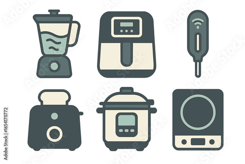 Modern kitchen appliance icons: blender, air fryer, thermometer, toaster, pressure cooker, induction hob in flat design