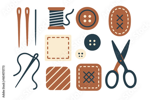 Sewing and tailoring tools and supplies, needles, thread, buttons, scissors, fabric patches, stylized graphic design