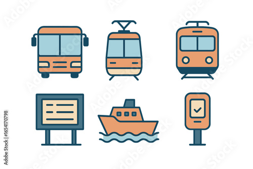 Stylized public transport and information icons: bus, tram, train, billboard, boat, ticket machine on dark background