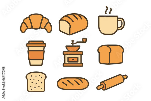 Stylized bakery and coffee icons: bread, croissant, coffee cup, grinder on gradient background