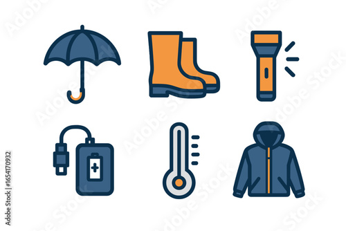Weather icons: umbrella, rain boots, flashlight, power bank, thermometer, jacket on dark background with glowing outlines