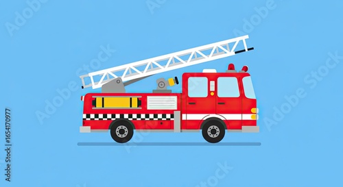 Flat Red Firetruck with White Ladder on Blue Background Illustration
