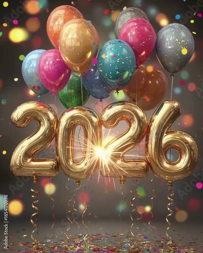 Celebrate 2026 with vibrantfballons & festive vibes! Perfect Adobe Stock video for New Year promos, parties, ads & social media.