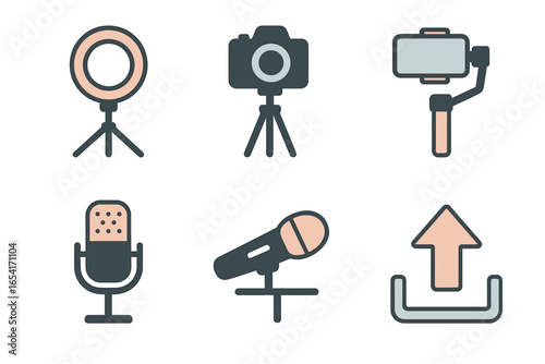 Content creation icons: ring light, camera, gimbal, microphones, upload symbol on dark background with lighting effects
