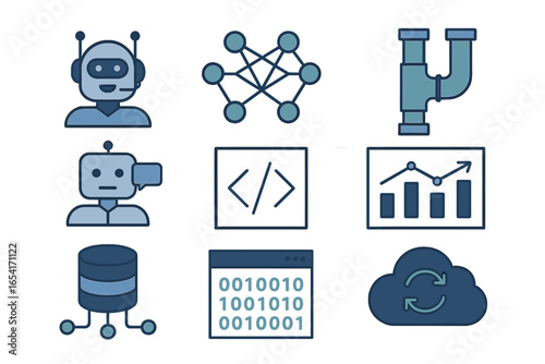 Digital technology and AI icons: robots, data, code, cloud computing, neural networks, and more