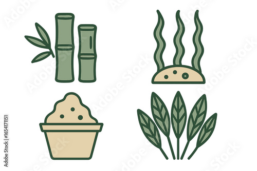 Stylized vector illustration icons of natural elements: bamboo, aquatic plants, soil, and underwater flora with a glowing effect on dark green