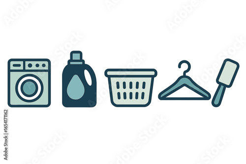 Modern laundry care essentials: washing machine, detergent, basket, hanger, and lint roller in a clean graphic style