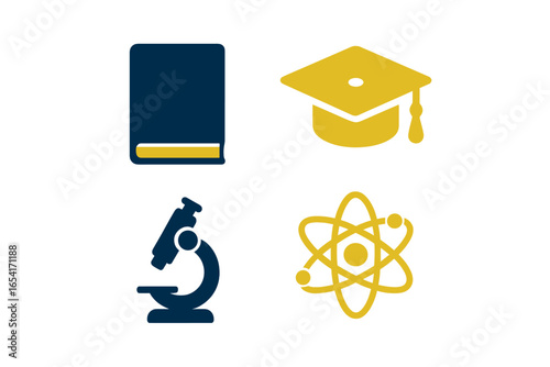 Educational and scientific icons: book, microscope, graduation cap, atom on gradient background