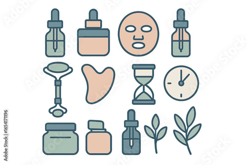 Flat design icons for skincare, beauty treatments, serums, creams, face masks, gua sha, jade roller, hourglass, and plant leaves