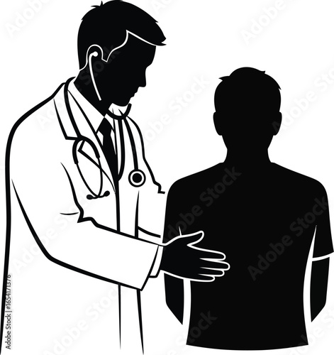 A doctor is examining a patient with a stethoscope, in this silhouette illustration about healthcare and medicine