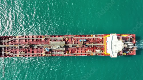 Aerial view of big oil, chemical tanker sails. Tanker ship logistic and transportation business oil and gas industry.