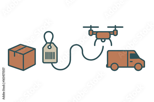 Modern logistics concept with drone, delivery van, and package for efficient supply chain and automated delivery services