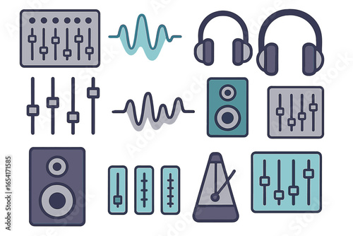 Diverse music production and audio equipment icons: sliders, speakers, headphones, sound waves, metronome on dark blurred background