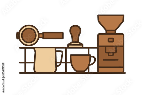 Barista tools and coffee making equipment on a shelf, featuring portafilter, tamper, milk pitcher, cup, and grinder