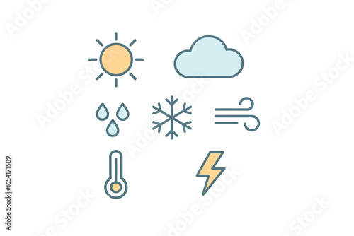 Diverse weather icons: sun, cloud, rain, snow, wind, thermometer, lightning on dark background