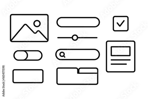 Modern UI elements and icons for web and app design, featuring placeholders, sliders, search bars, and toggles