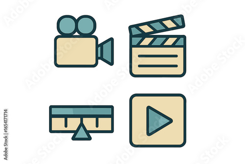 Stylized icons for filmmaking and video production: vintage camera, clapperboard, timeline, play button