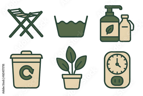 Six flat household and eco-friendly icons in muted green and beige with subtle glow, perfect for modern design
