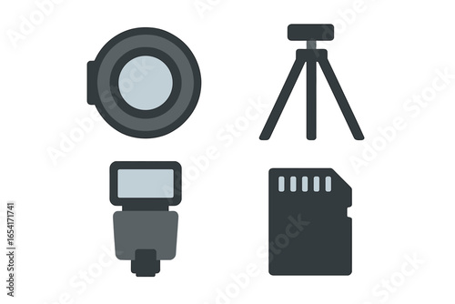Minimalist flat design icons for photography equipment: camera lens, tripod, flash, memory card on dark background