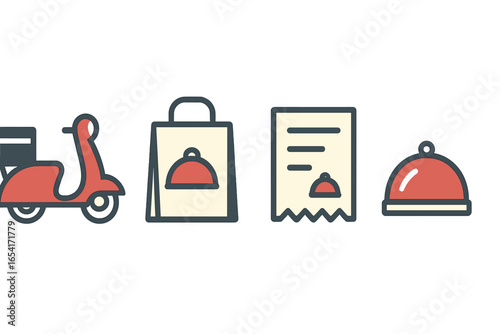 Food delivery icons: scooter, shopping bag, receipt, cloche for online ordering and restaurant takeout