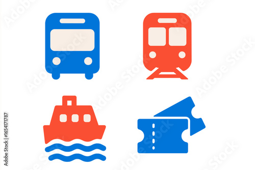 Stylized transportation icons with vibrant blue and red neon glow, featuring bus, train, ferry, and tickets on dark background