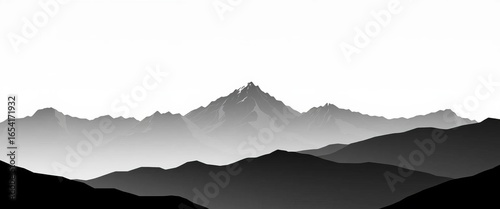 Monochrome vector illustration of minimalist mountain range silhouettes against plain background,  summit,  monochrome