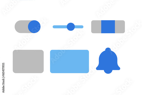 Modern UI elements with glowing blue accents, toggles, sliders, and notification icons on a dark, blurred background