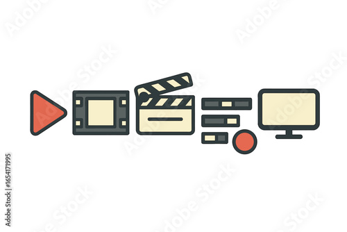 Flat design icons for video production and editing, featuring play button, film strip, clapperboard, sliders, and monitor