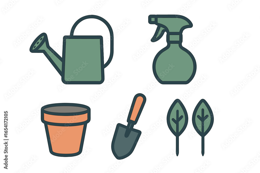 Obraz premium Modern flat design icons for gardening: watering can, spray bottle, pot, shovel, and leaves