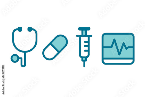 Medical icons: stethoscope, pill, syringe, heart monitor on dark blue gradient background for healthcare and medicine