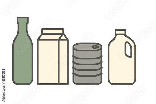Assorted liquid and food containers like bottles, cartons, cans, and jugs in a stylized graphic presentation