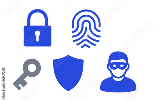 Digital security icons: padlock, fingerprint, shield, key, masked intruder on dark glowing background for data protection and cyber threats