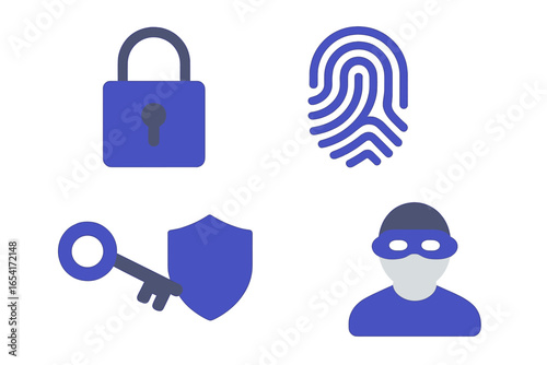 Cybersecurity concept with lock, fingerprint, key, shield, and masked intruder icons on a dark glowing background
