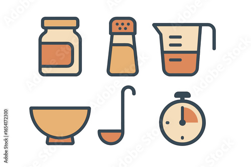 Flat design kitchen utensils and cooking icons: jar, salt shaker, measuring cup, bowl, ladle, timer
