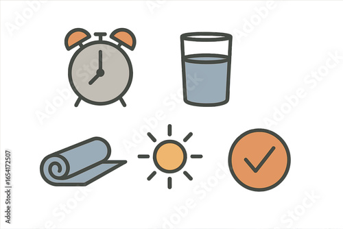 Healthy lifestyle icons: alarm clock, water, yoga, sun, checkmark for daily routine and time management