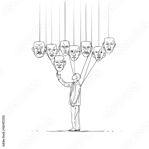 A man reaching for hanging masks that represent different personas and emotions depicted with precision