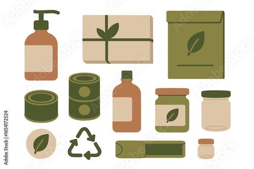 Sustainable packaging and products with leaf symbols for natural, eco-friendly, and healthy lifestyle goods