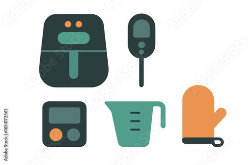 Modern kitchen appliances and tools: air fryer, thermometer, measuring cup, timer, oven mitt, with glowing effects
