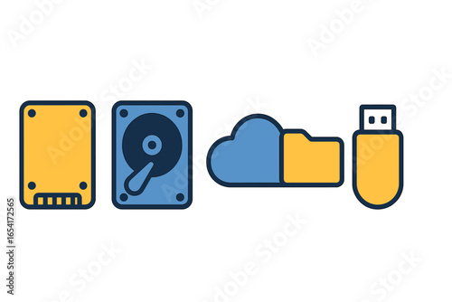 Modern digital storage icons: SSD, HDD, cloud folder, USB flash drive, and more, clean graphic style
