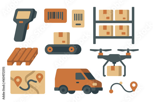 Modern logistics and delivery services with drone, van, conveyor belt, scanner, and warehouse shelving