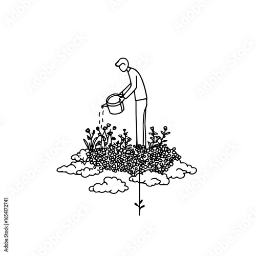 Person watering garden with bucket in a minimalist line art style vector illustration design