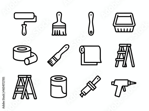 Home Improvement and Painting Tools Icons Set for Renovation Projects DIY Concepts and Interior Design Elements Monochrome Line Art