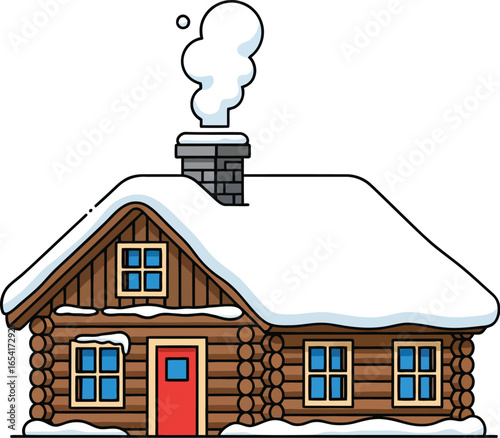 Snowy Log Cabin, Winter Wonderland Cottage, Cozy Log Home Illustration, Snow Covered Cabin Clipart, Christmas Log Cabin Image