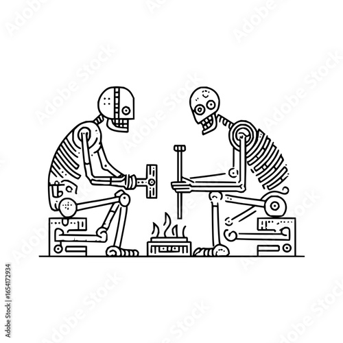 Skeletal automatons working together on a mechanical project in a monochromatic illustration style