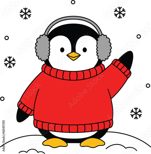 Cute Penguin in Winter Sweater, Happy Penguin Wearing Earmuffs, Winter Penguin Cartoon Illustration, Adorable Penguin Christmas Card, Holiday Penguin Clipart