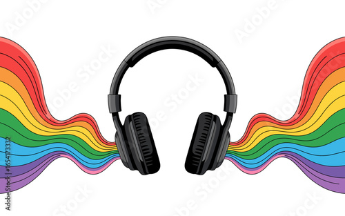 Headphones emitting colorful rainbow streams representing music creativity and sound vibrant audio enjoyment concept illustration with isolated white background
