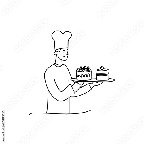 Chef presenting cakes on a tray with a smile in a minimalist line art style illustration design element