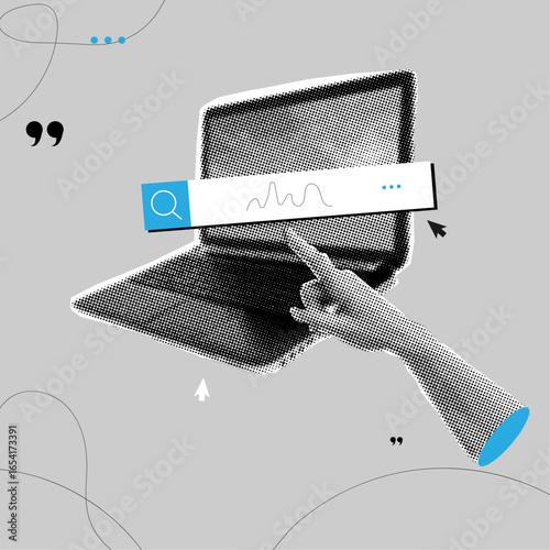  Laptop with search bar and showing hand in halftone style,search job concept, trendy collage cut out paper elements,modern vector illustration 
