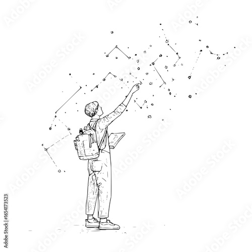 Man reaching for the stars and constellations with backpack under the night sky with wonder